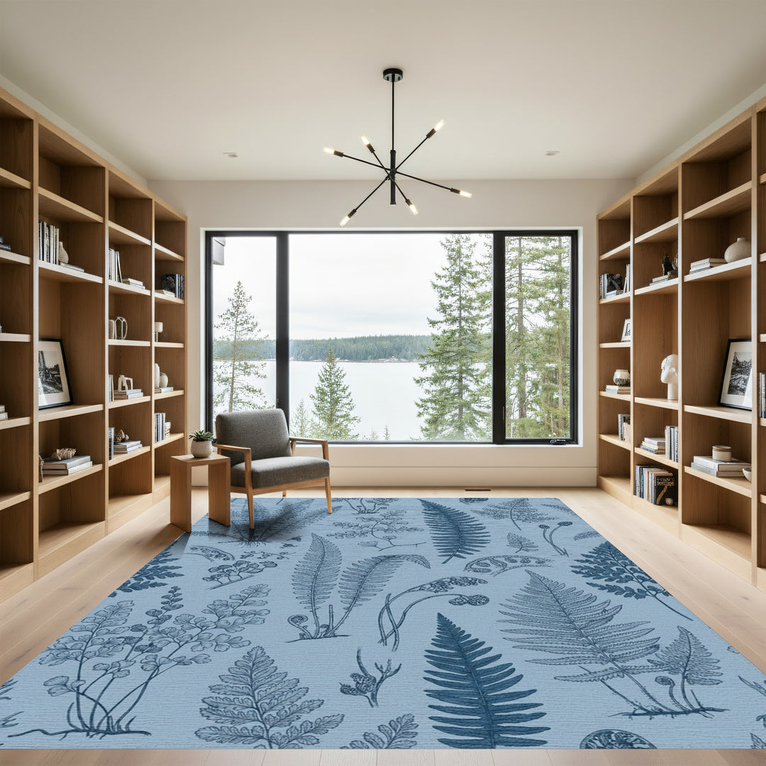 Vintage Blue Fern Botanical Illustration Rug