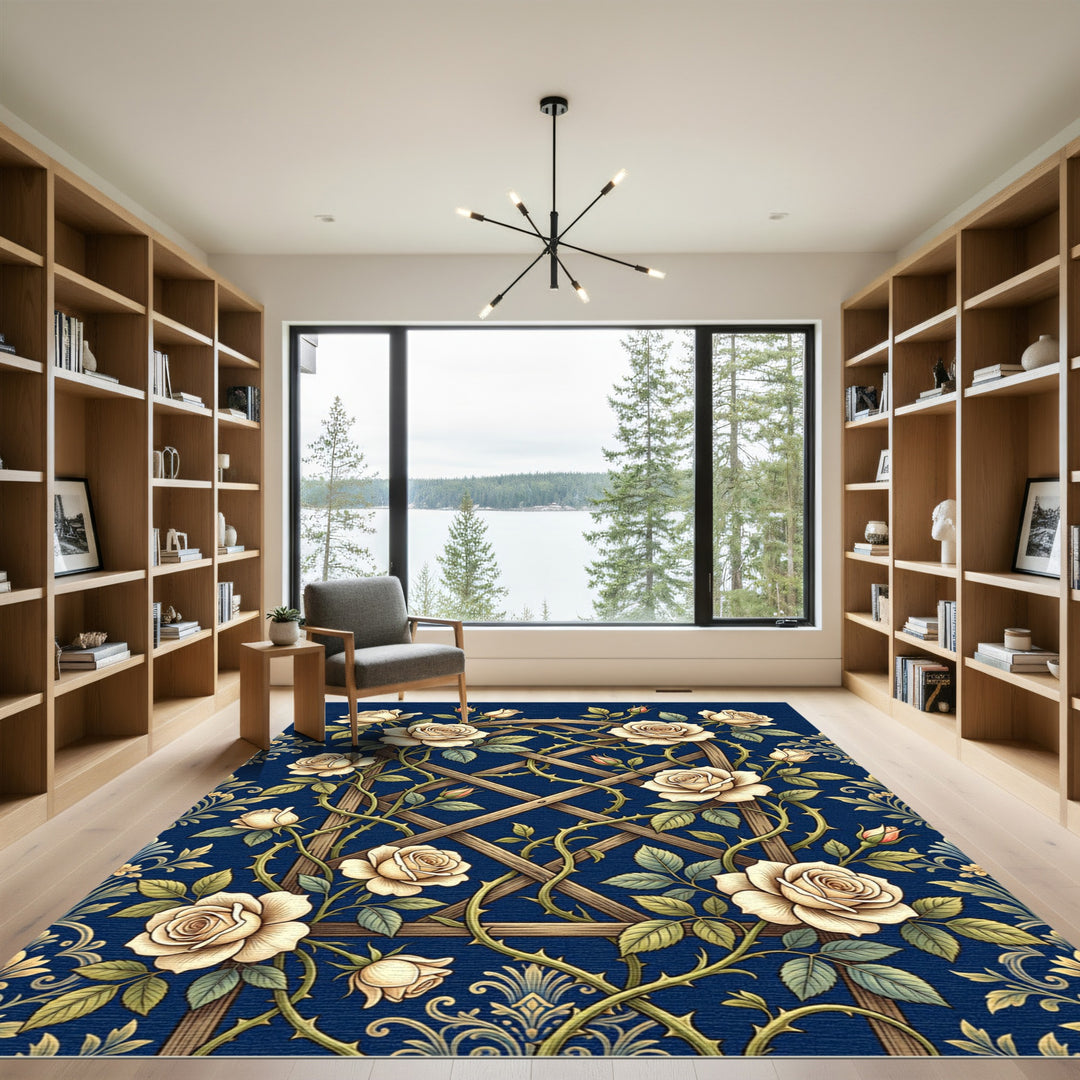 Cream Roses Lattice Indigo Area Rug