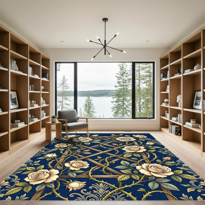 Cream Roses Lattice Indigo Area Rug