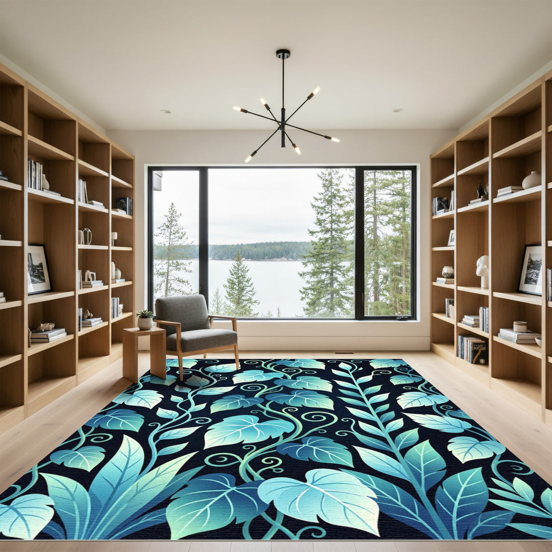 Ethereal Blue Leafy Vine Swirls Rug