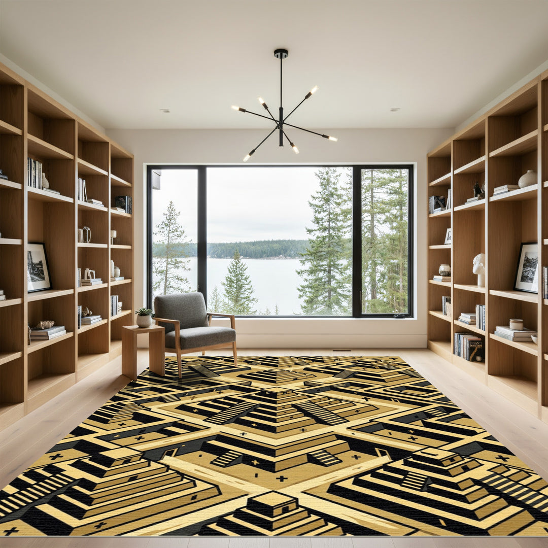 Golden Ancient Temple Isometric Landscape Rug