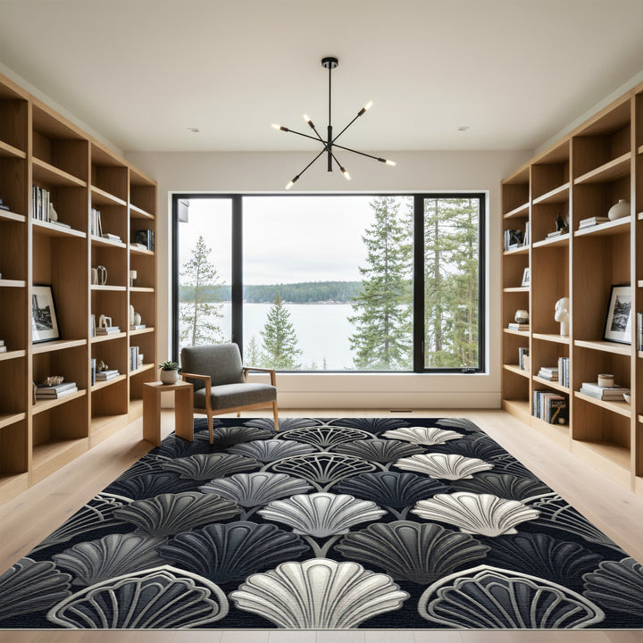 Art Deco Black White Shell Rug