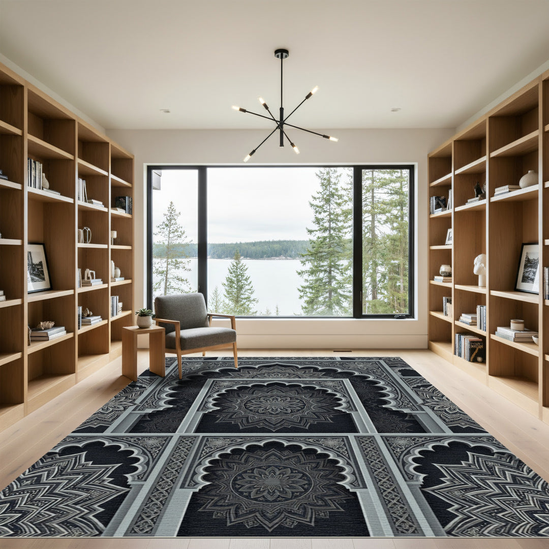 Ornate Gray Islamic Arch Mandala Rug