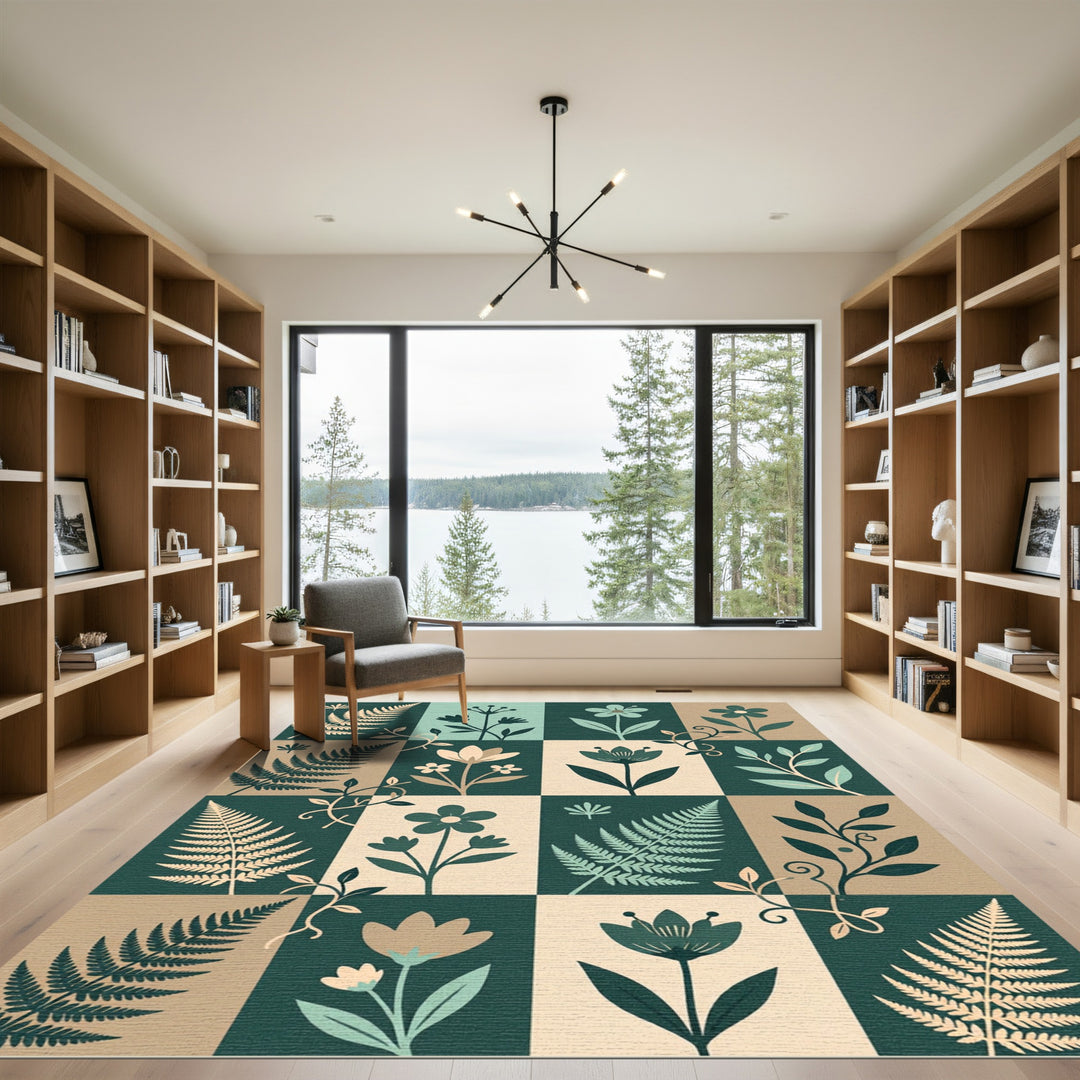 Botanical Fern Floral Squares Arrangement Rug