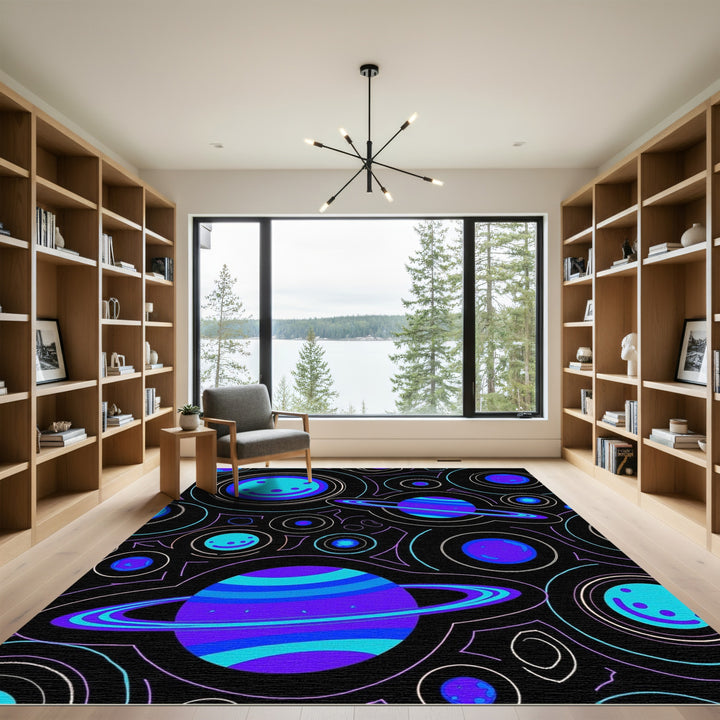 Cosmic Blue Purple Planet Rings Rug