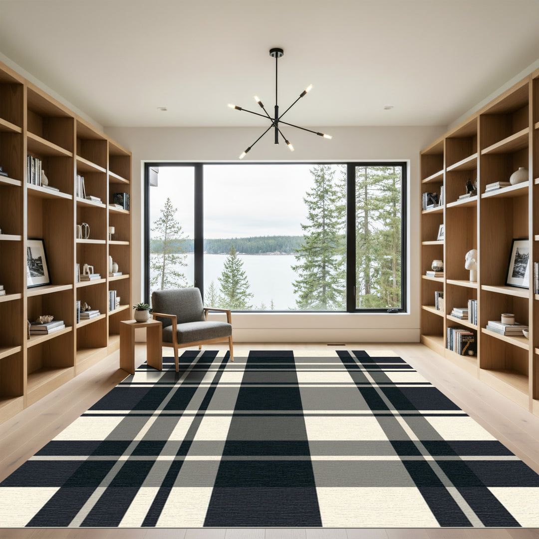 Classic Black Gray Tartan Plaid Rug