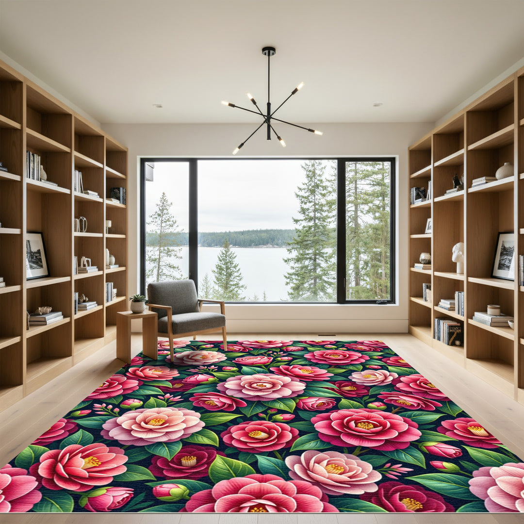 Vibrant Pink Camellia Garden Arrangement Rug