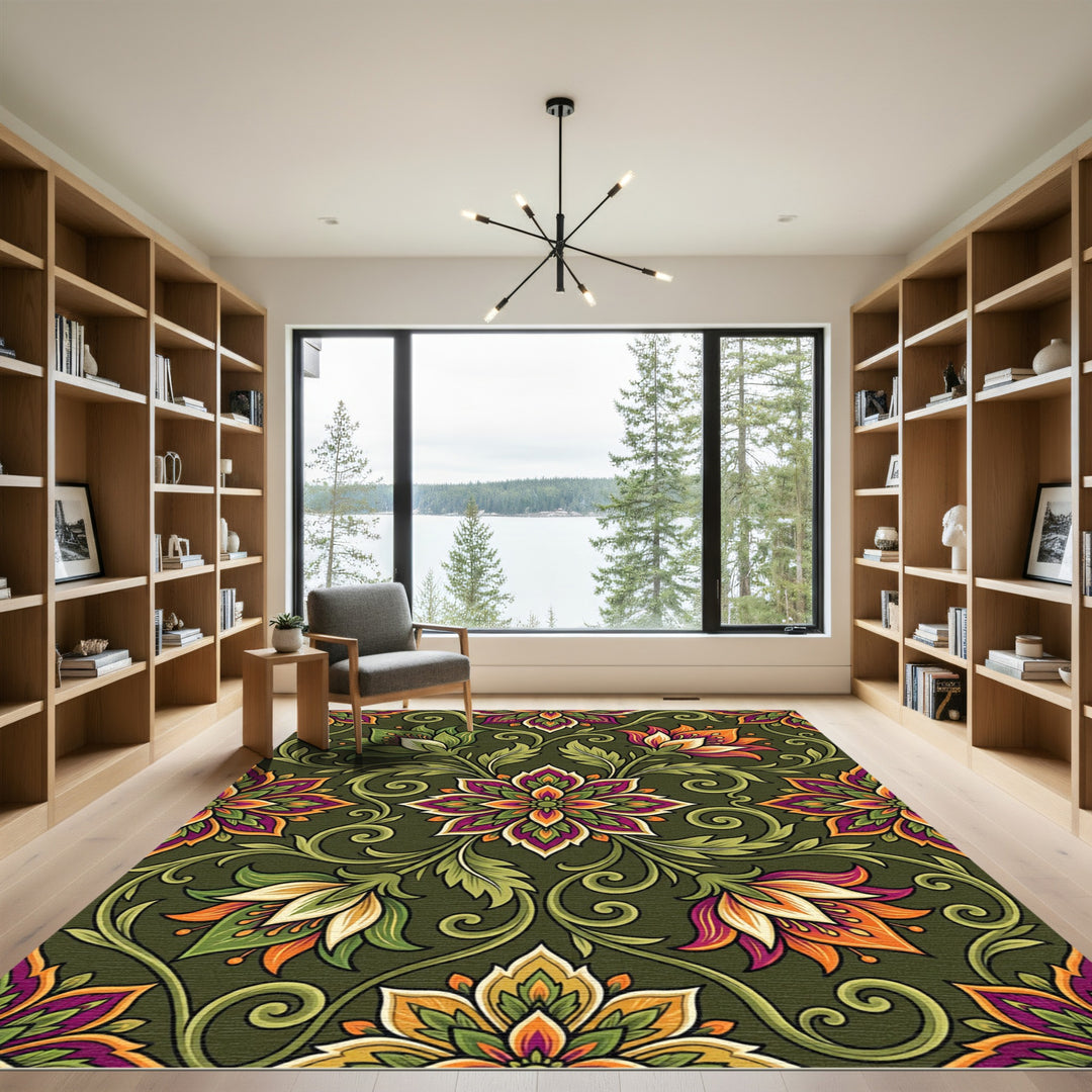 Ornate Floral Medallion Emerald Rug