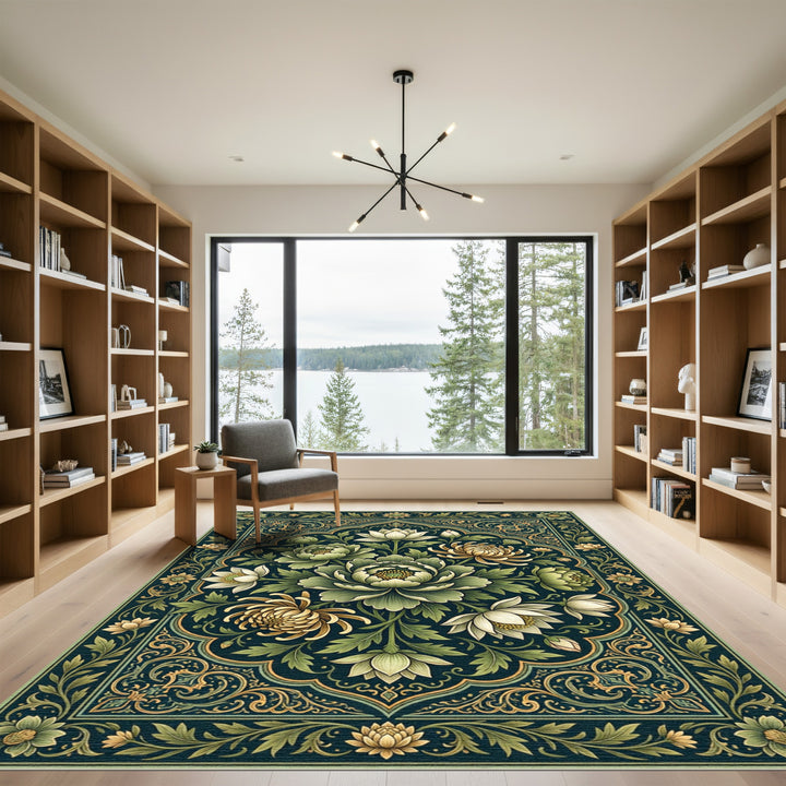 Elegant Green Lotus Chrysanthemum Botanical Rug
