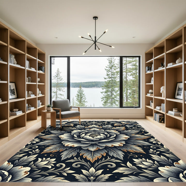 Elegant Black Floral Medallion Aura Rug