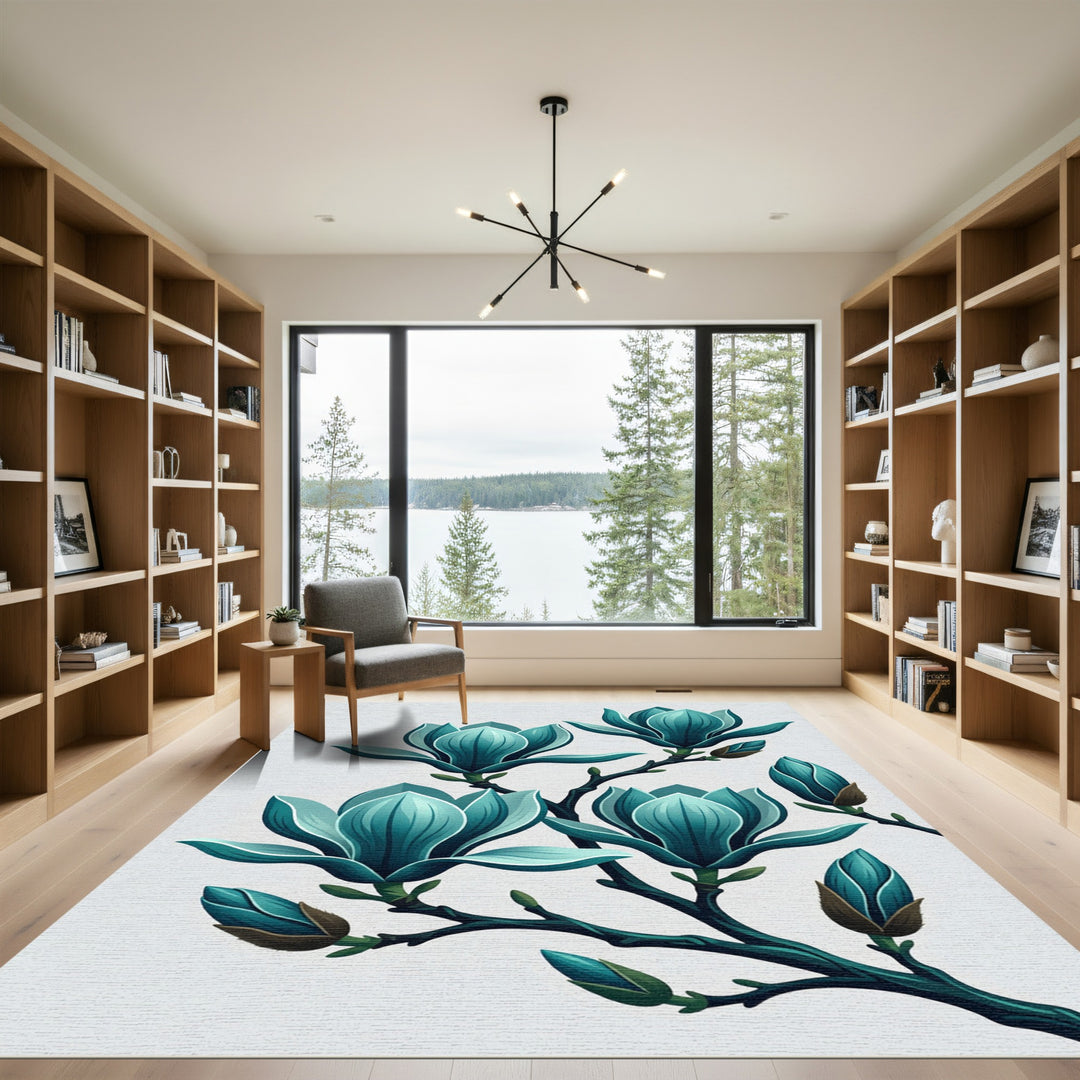 Teal Magnolia Blossom Branch Accent Rug