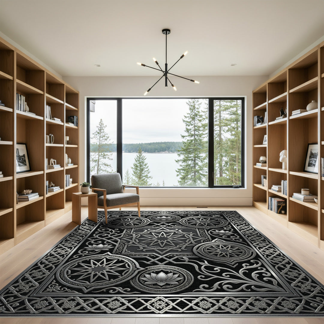 Ornate Silver Lotus Starburst Rug