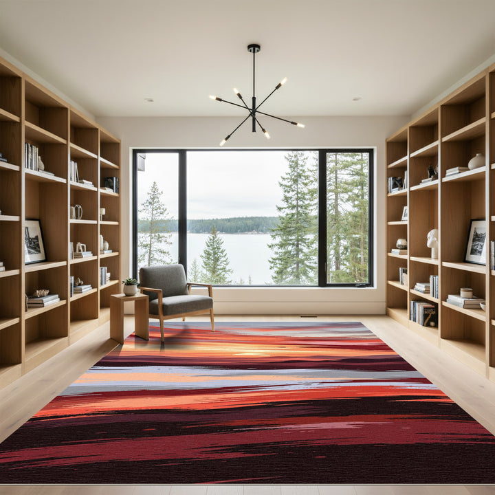 Crimson Sunset Brushstroke Horizon Rug