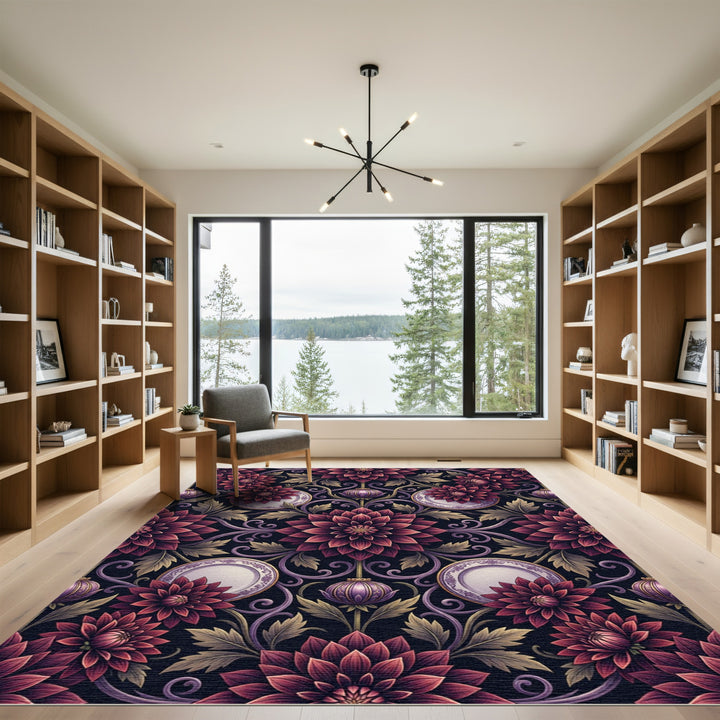 Damask Burgundy Dahlia floral Vine Rug