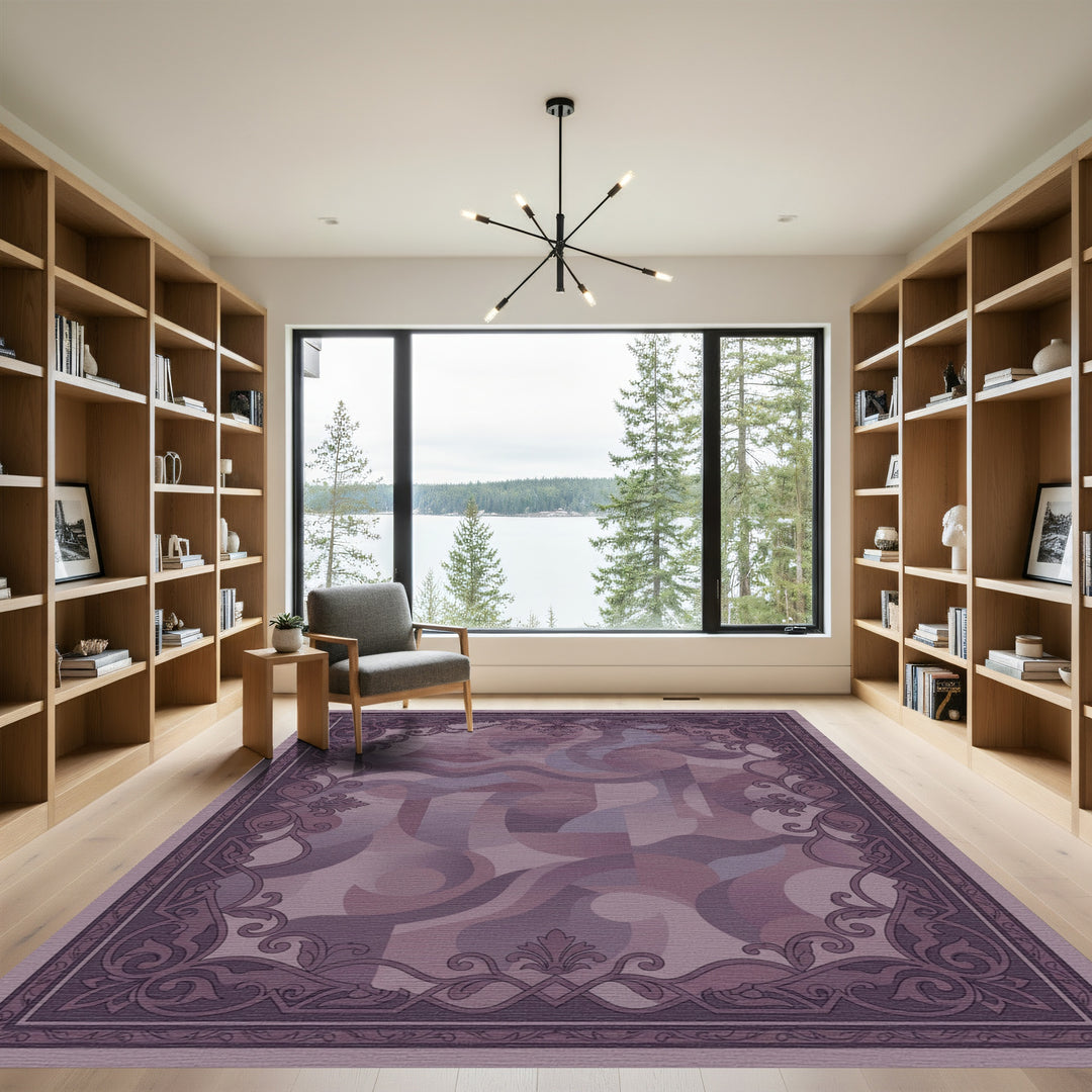 Mauve Abstract Swirl Medallion Frame Rug