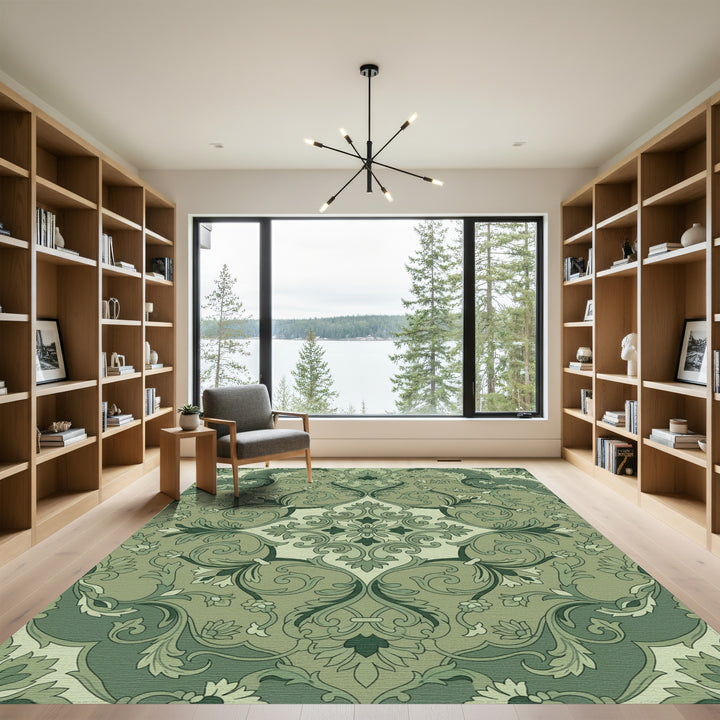 Sage Green Floral Scroll Medallion Rug