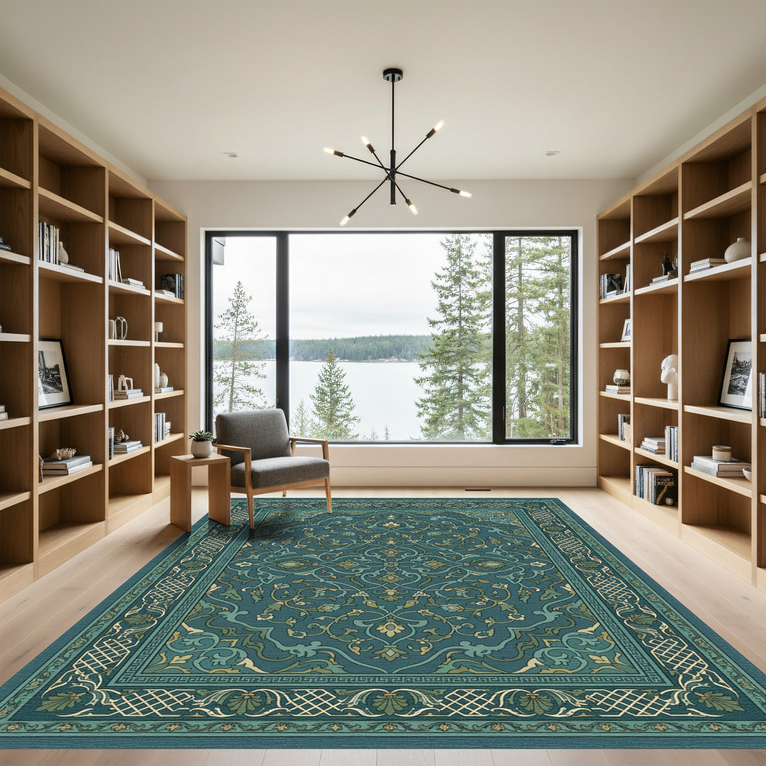 Teal Floral Medallion Traditional Border Rug