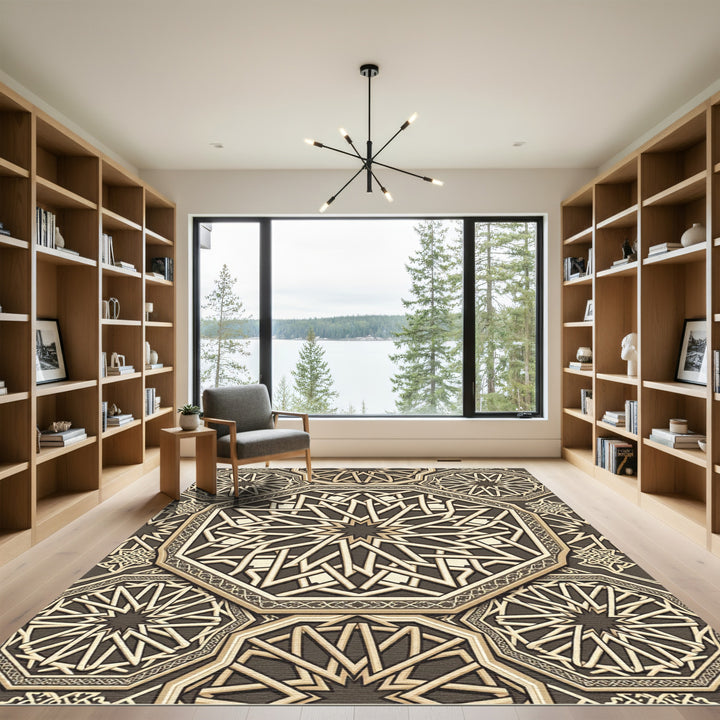 Intricate Golden Octagon Geometric Rug