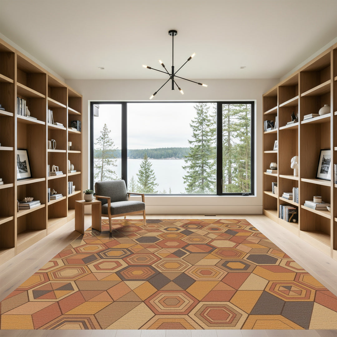 Earthy Terracotta Geometric Hexagon Art Rug