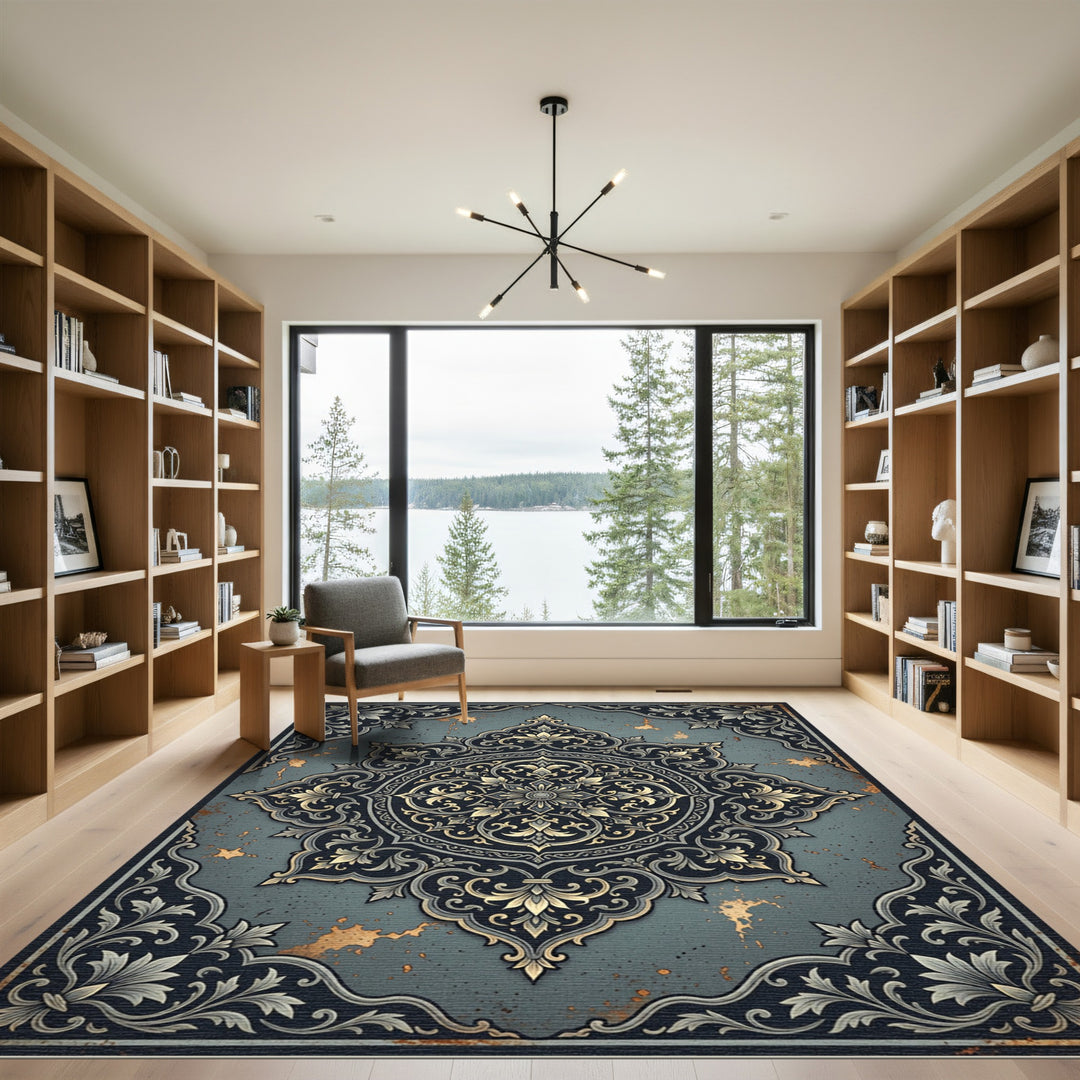 Ornate Navy Golden Floral Medallion Rug