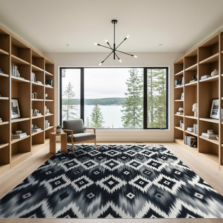 Tribal Diamond Geometric Black White Rug