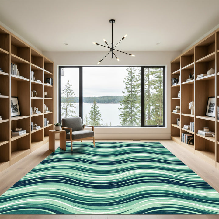 Deep Aqua Wavy Abstract Lines Rug