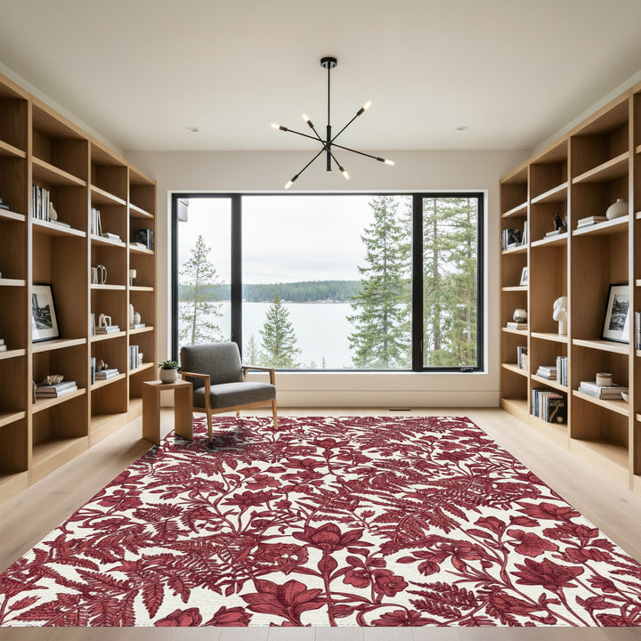 Dark Red Botanical Ferns and Flowers Rug