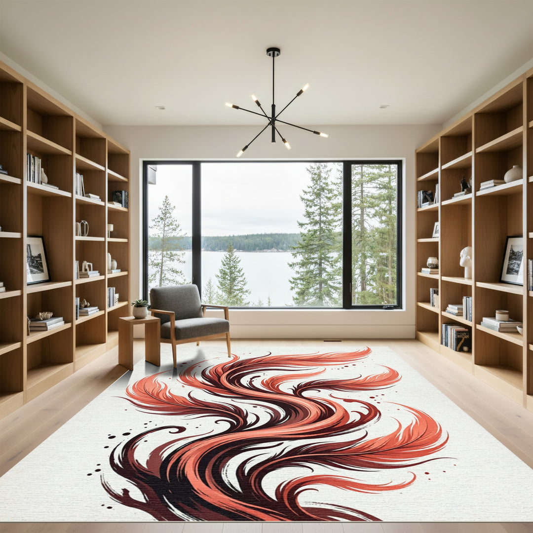 Coral Feather Swirl Abstract Rug