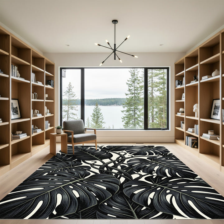 Dark Tropical Monstera Leaves Rug