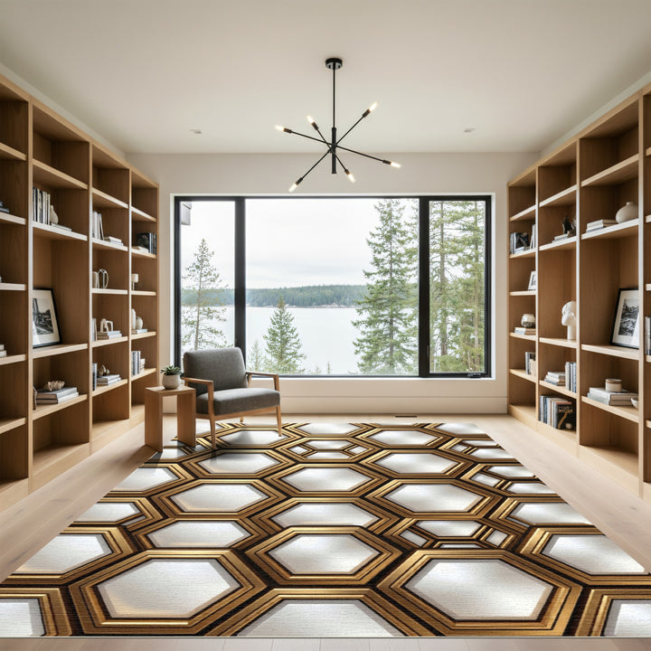 Golden Hexagon Geometric Texture Rug
