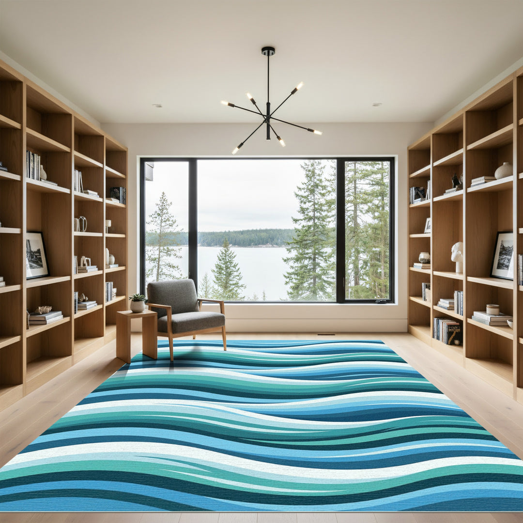 Aqua Blue Ocean Wave Abstract Rug