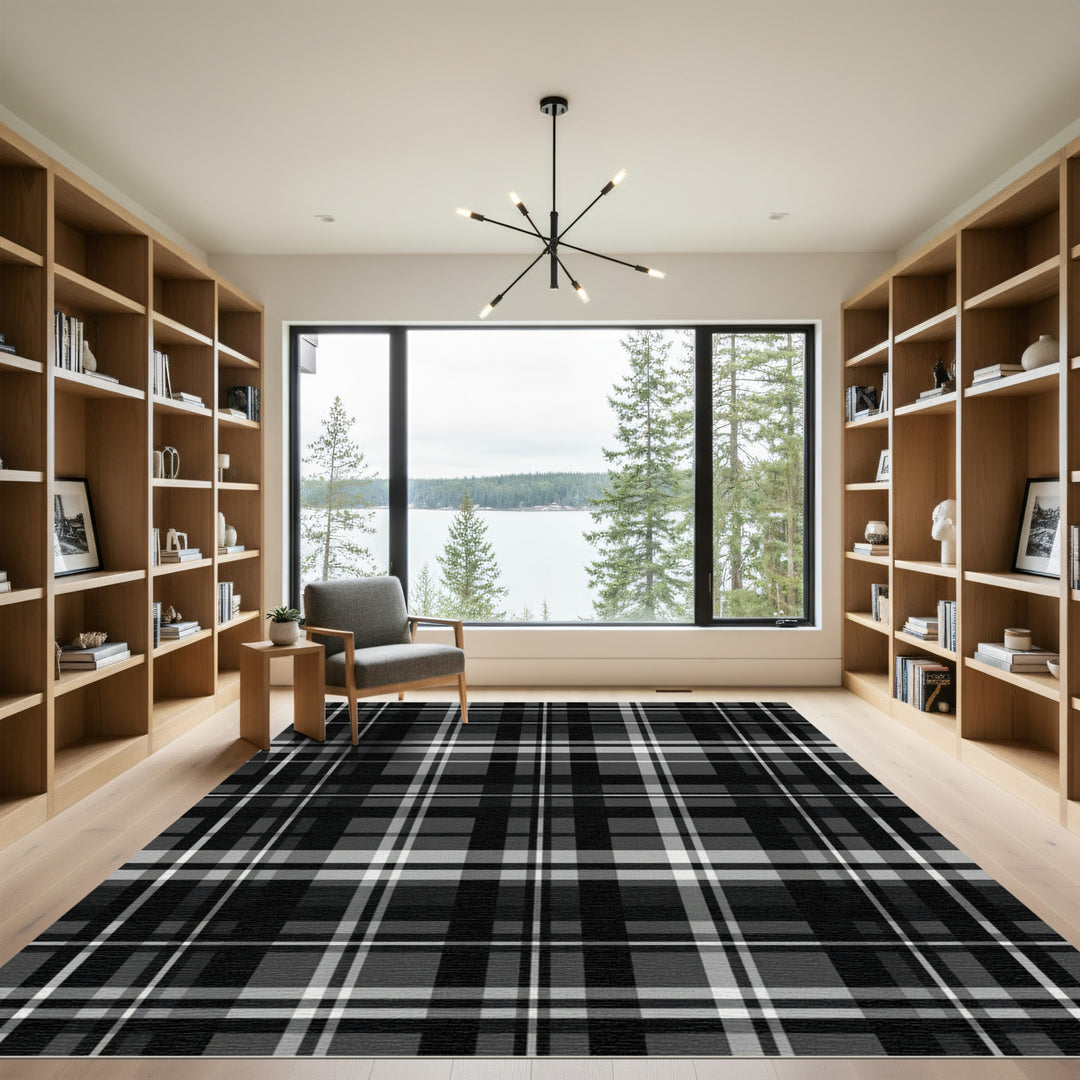 Classic Black White Plaid Checkered Rug