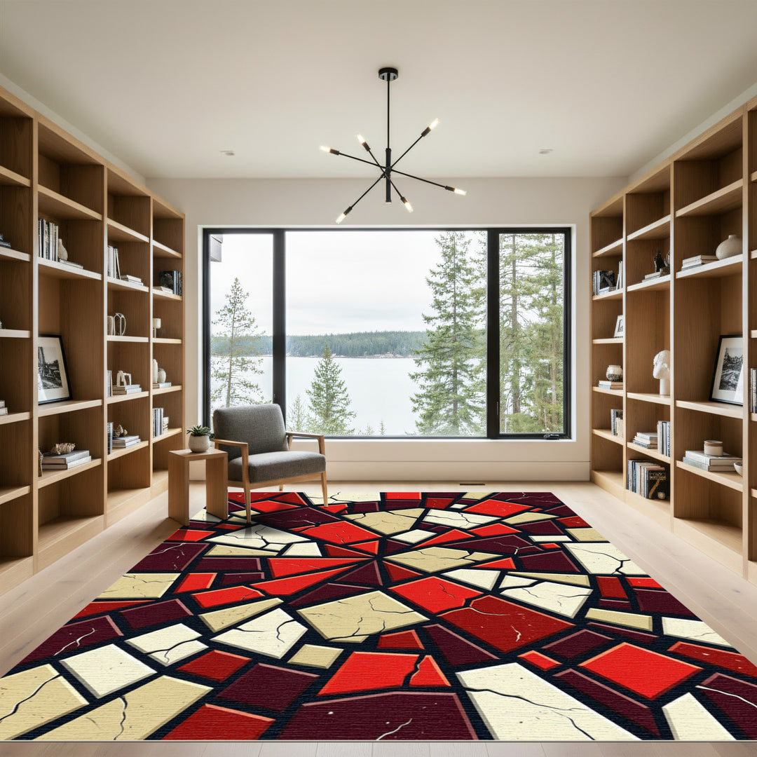 Abstract Cracked Red Geometric Tile Rug