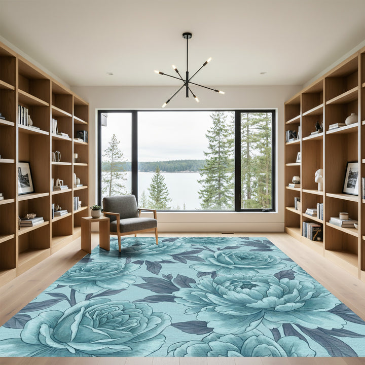 Teal Peony Garden Floral Rug