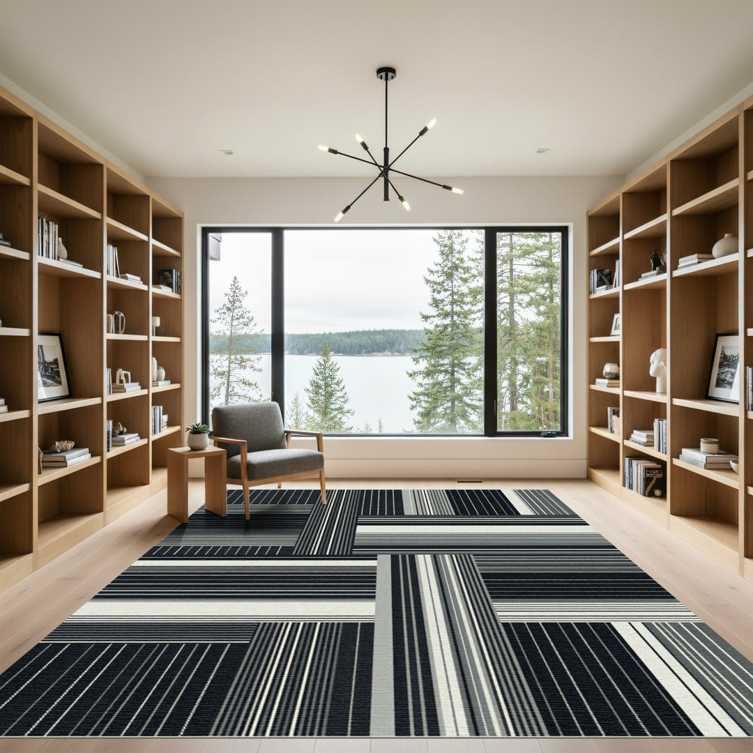 Geometric Black White Stripe Patchwork Rug