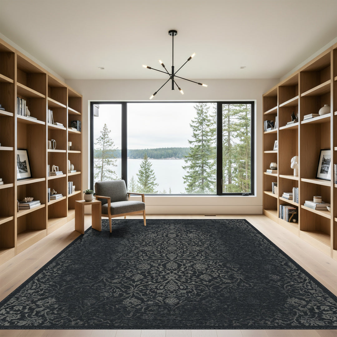 Dark Gray Damask Floral Art Nouveau Rug