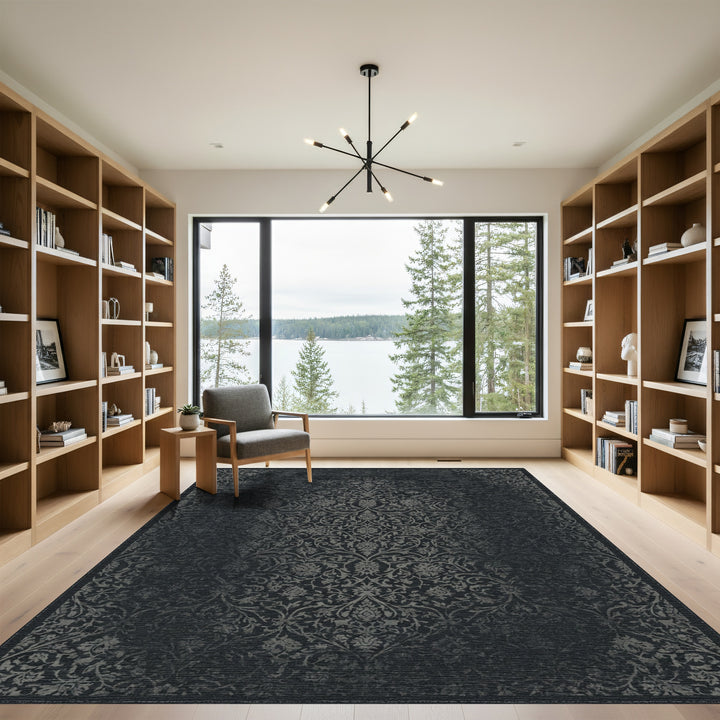 Dark Gray Damask Floral Art Nouveau Rug