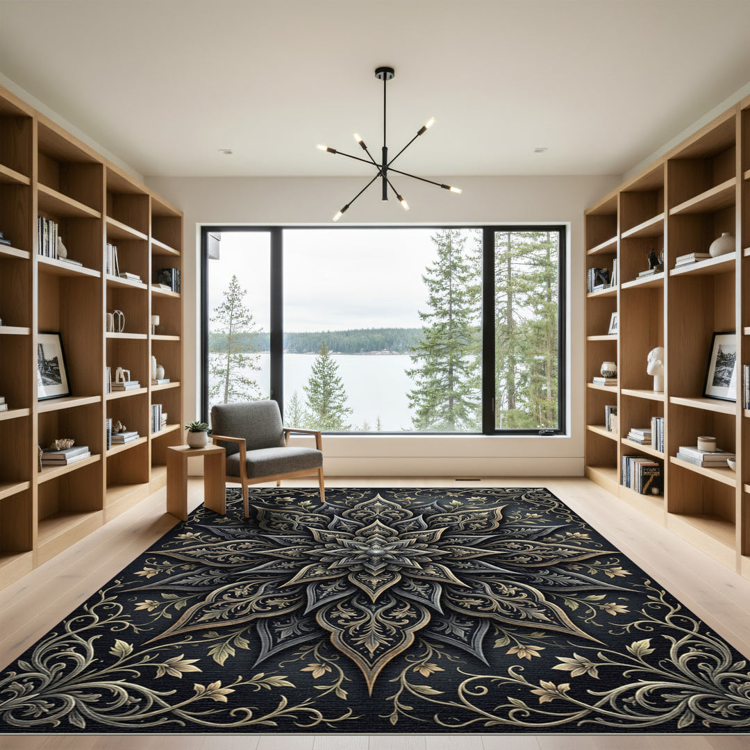 Dark Gray Golden Floral Medallion Rug