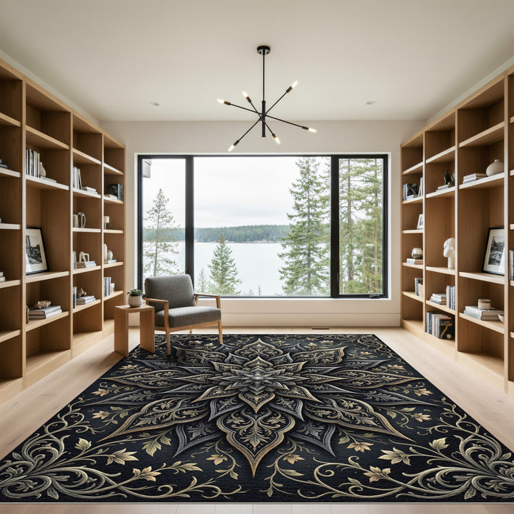 Dark Gray Golden Floral Medallion Rug