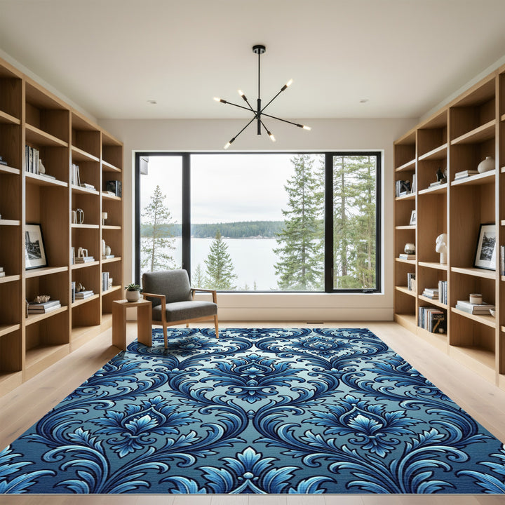 Deep Blue Vintage Floral Damask Rug