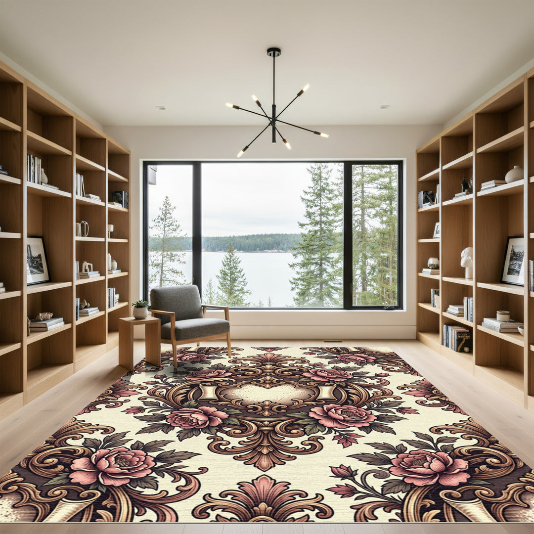 Baroque Pink Rose Scrolls Ornament Rug