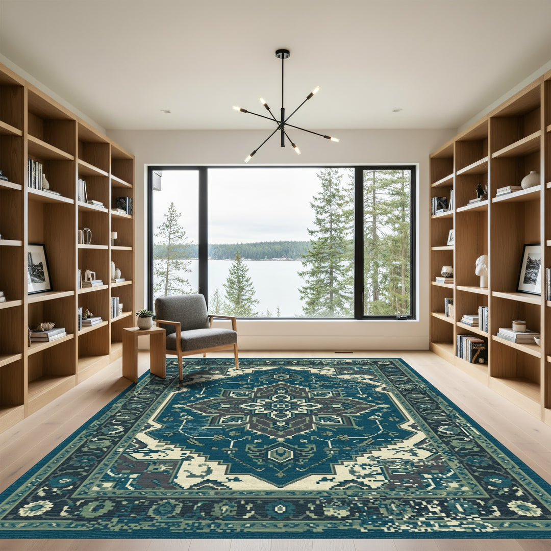 Deep Teal Medallion Ethnic Rug