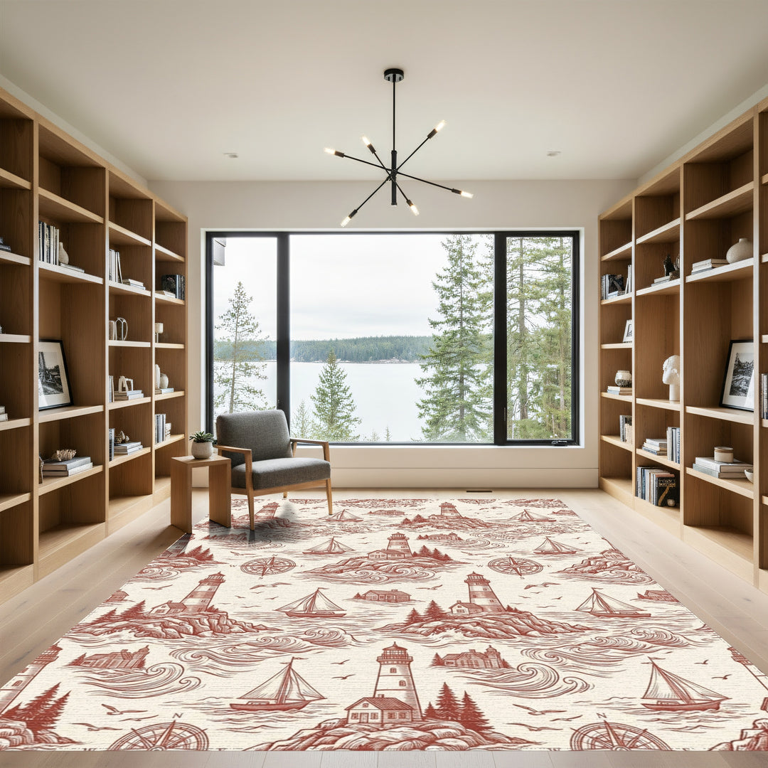 Nautical Red Lighthouse Sailboat Seascape Rug