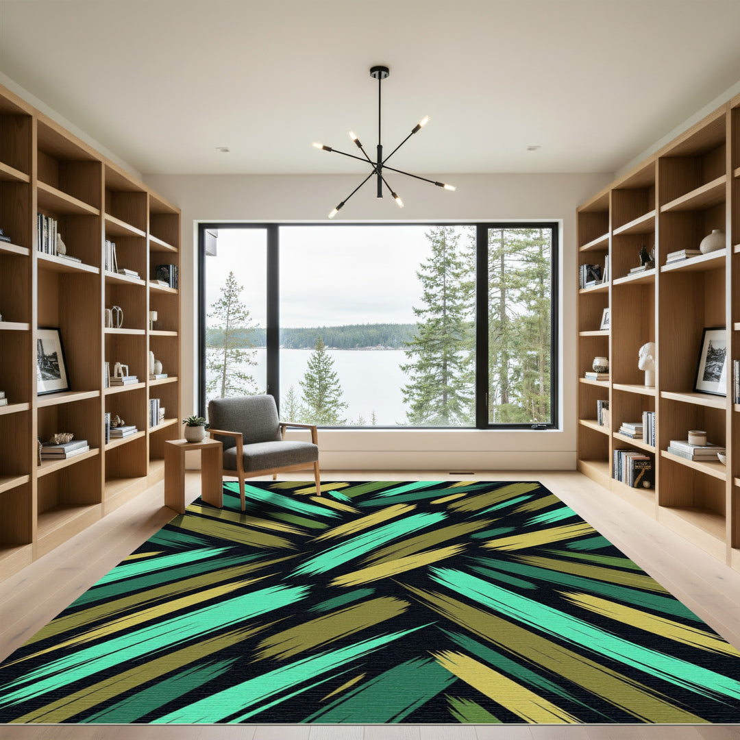 Abstract Brush Stroke Teal Olive Rug