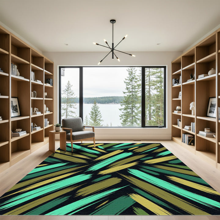 Abstract Brush Stroke Teal Olive Rug