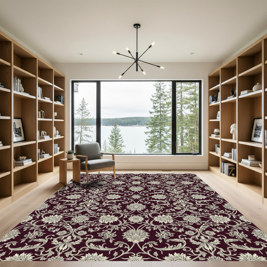 Rich Burgundy Intricate Floral Scroll Rug