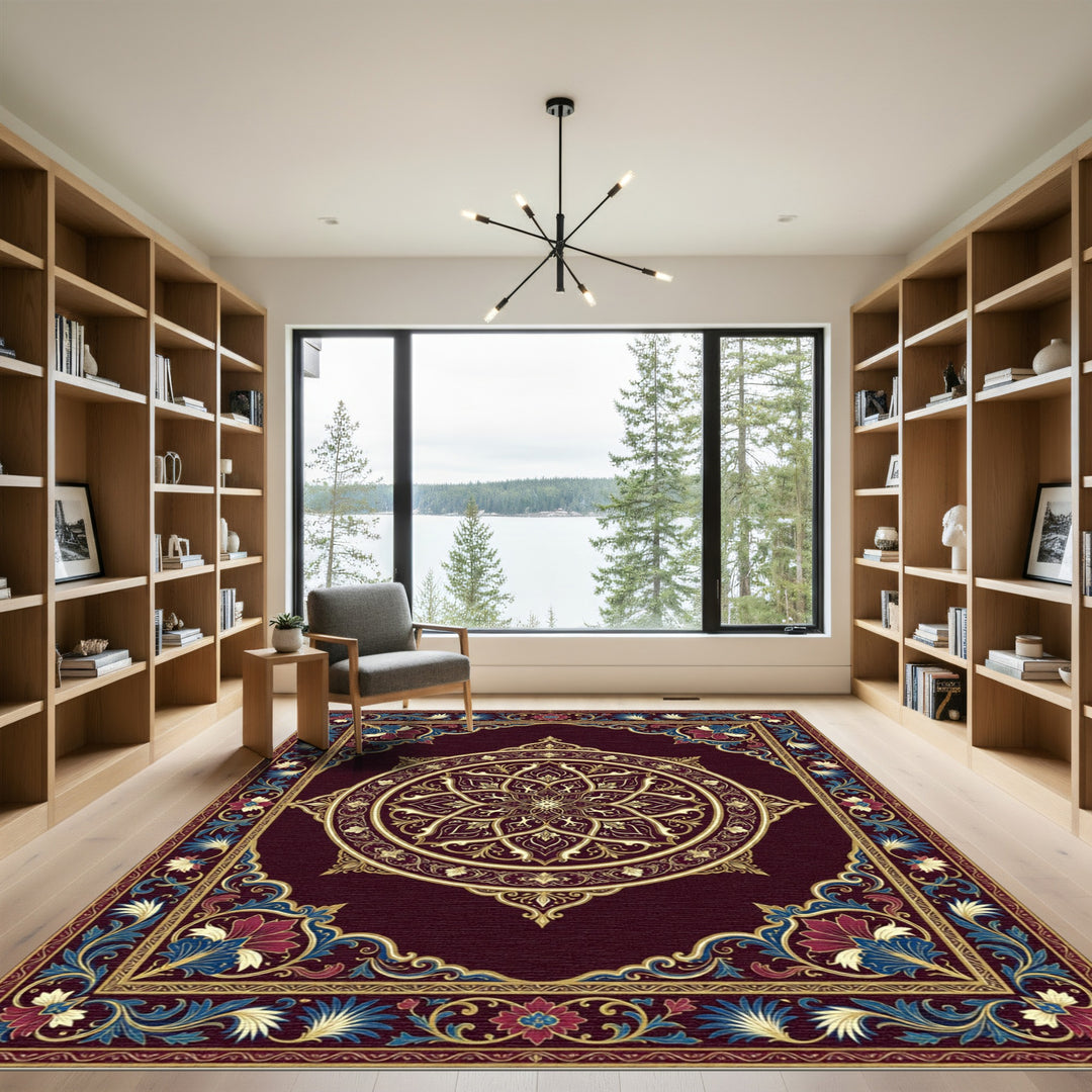 Crimson Gold Floral Mandala Rug