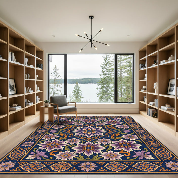 Deep Blue Floral Medallion Pattern Rug