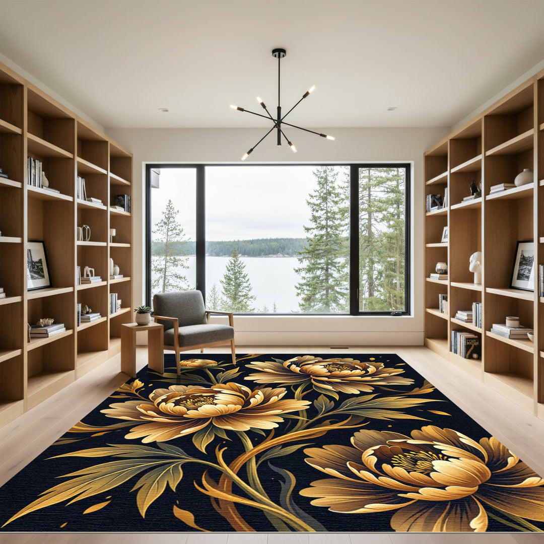 Golden Peony Floral Art Rug