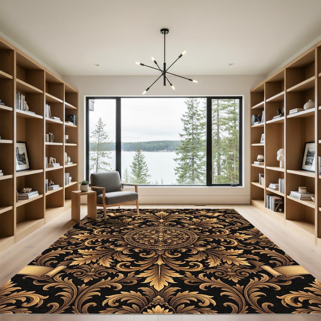 Black Gold Acanthus Scrollwork Medallion Rug